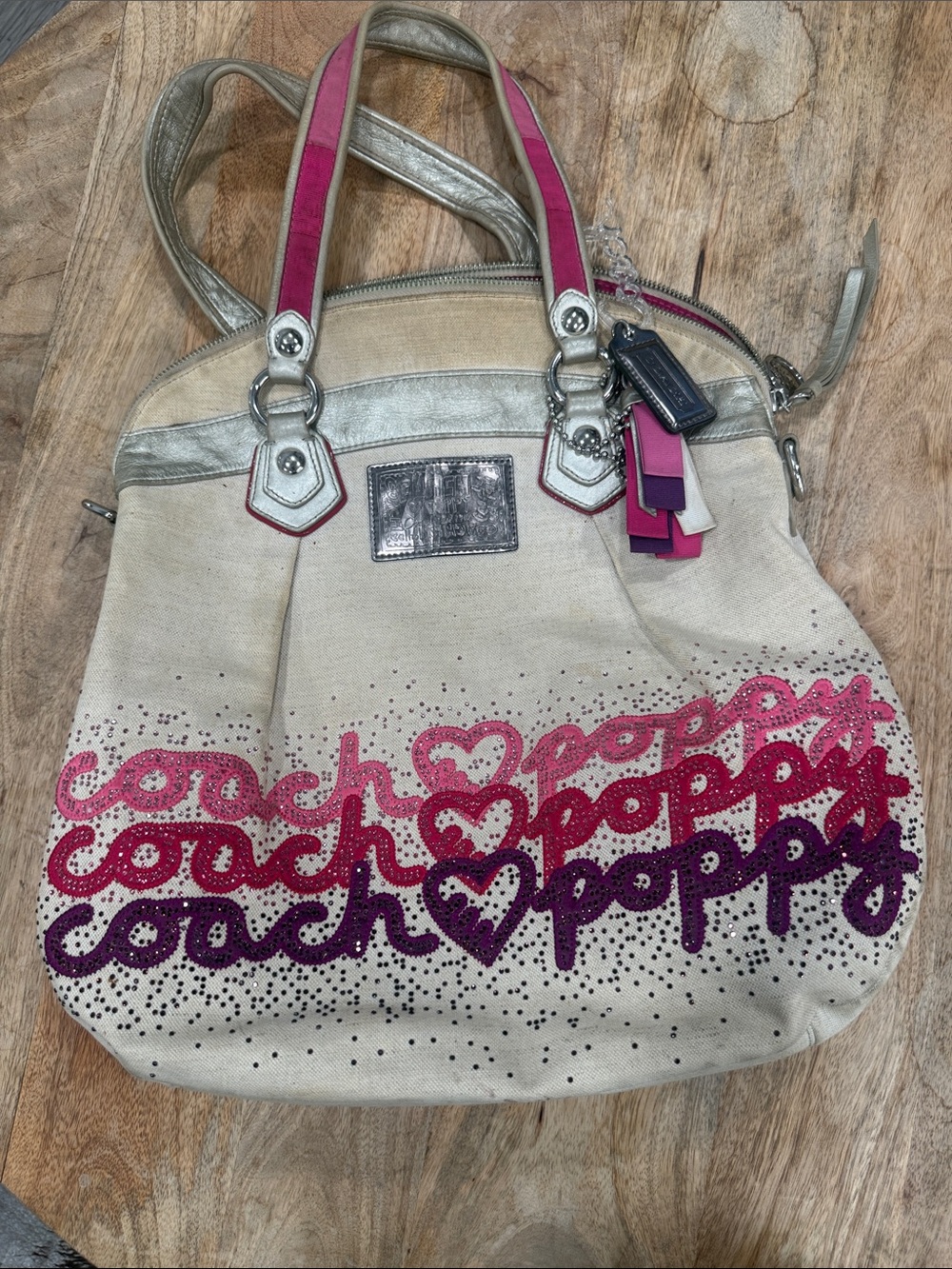 Vintage Rare Coach Cream Canvas Hobo Tote with Pink and Purple Logo Hearts